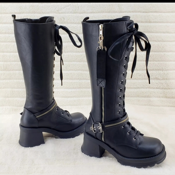 Bratty Block Heel Lace Up Punk Goth Biker Knee Boots - Picture 6 of 15